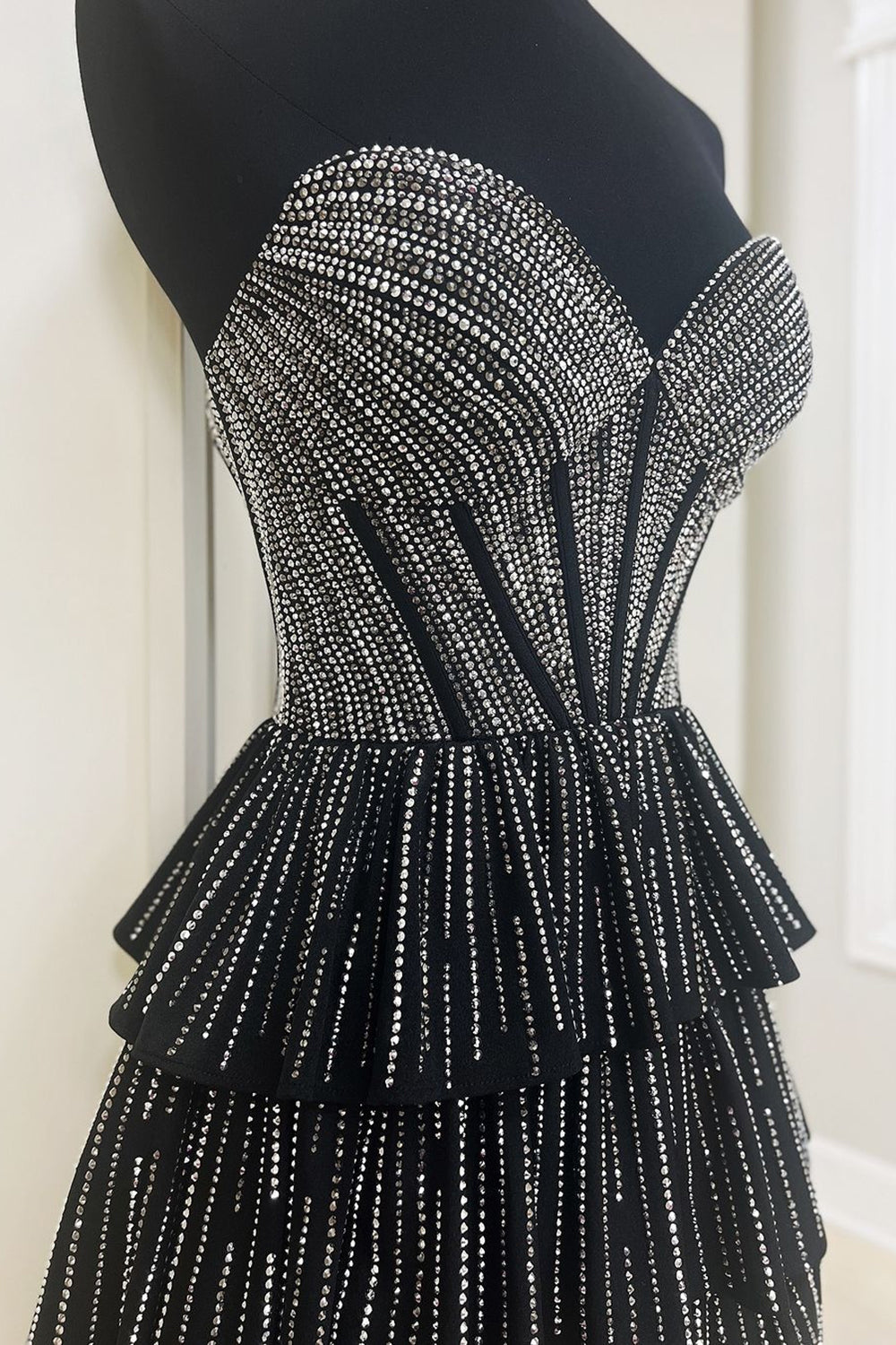 Sparkly Black Pink A Line Corset Strapless Tiered Short Homecoming Dress/Mini Dress with Beadings