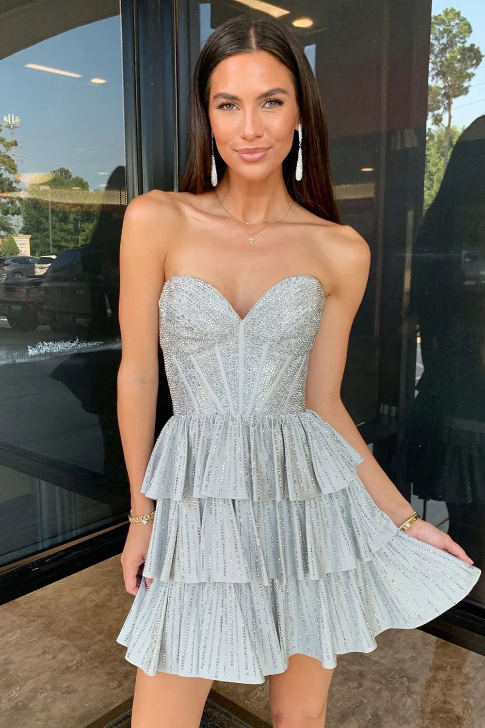Sparkly Lilac A Line Corset Strapless Tiered Short Homecoming Dress/Mini Dress