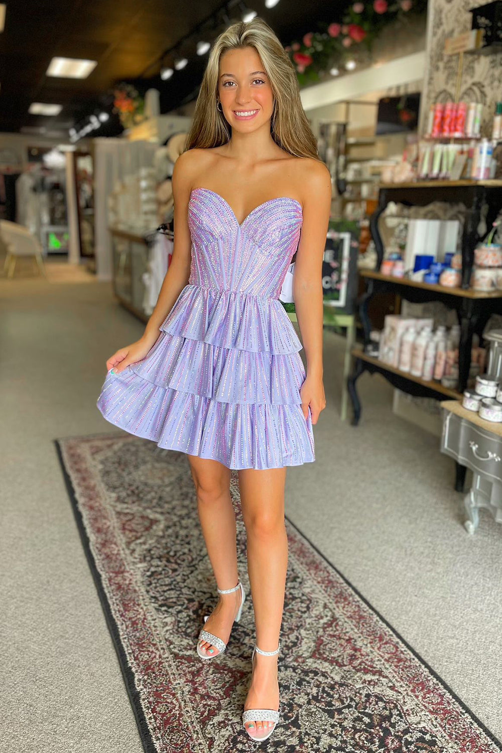 Sparkly Lilac Pink A Line Corset Strapless Tiered Short Homecoming Dress/Mini Dress