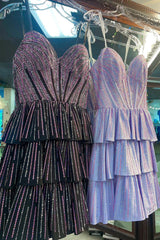 Sparkly Lilac Pink A Line Corset Strapless Tiered Short Homecoming Dress/Mini Dress