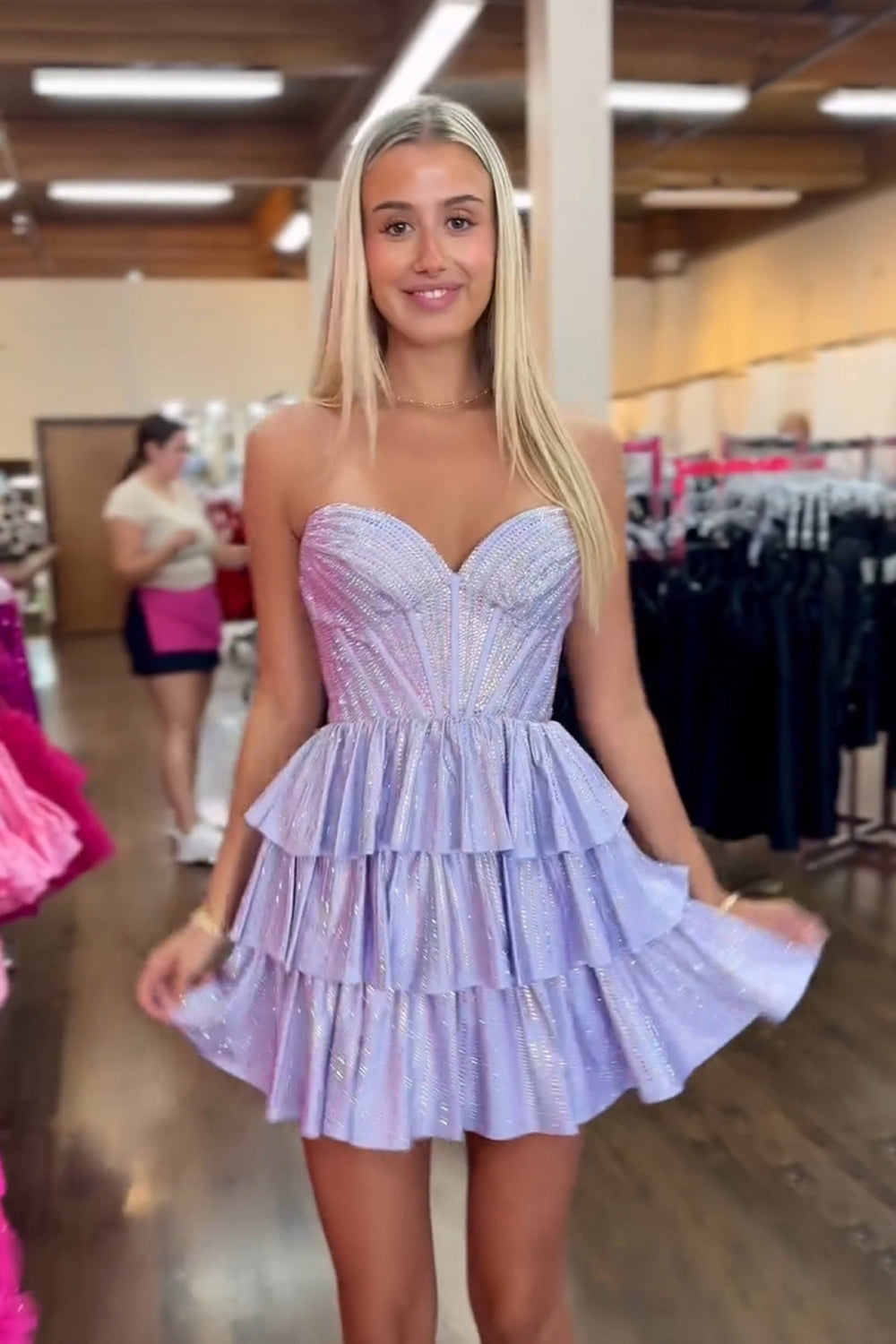 Sparkly Black Pink A Line Corset Strapless Tiered Short Homecoming Dress/Mini Dress with Beadings