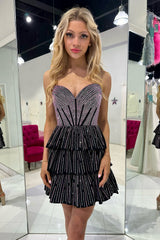 Sparkly Black Pink A Line Corset Strapless Tiered Short Homecoming Dress/Mini Dress with Beadings