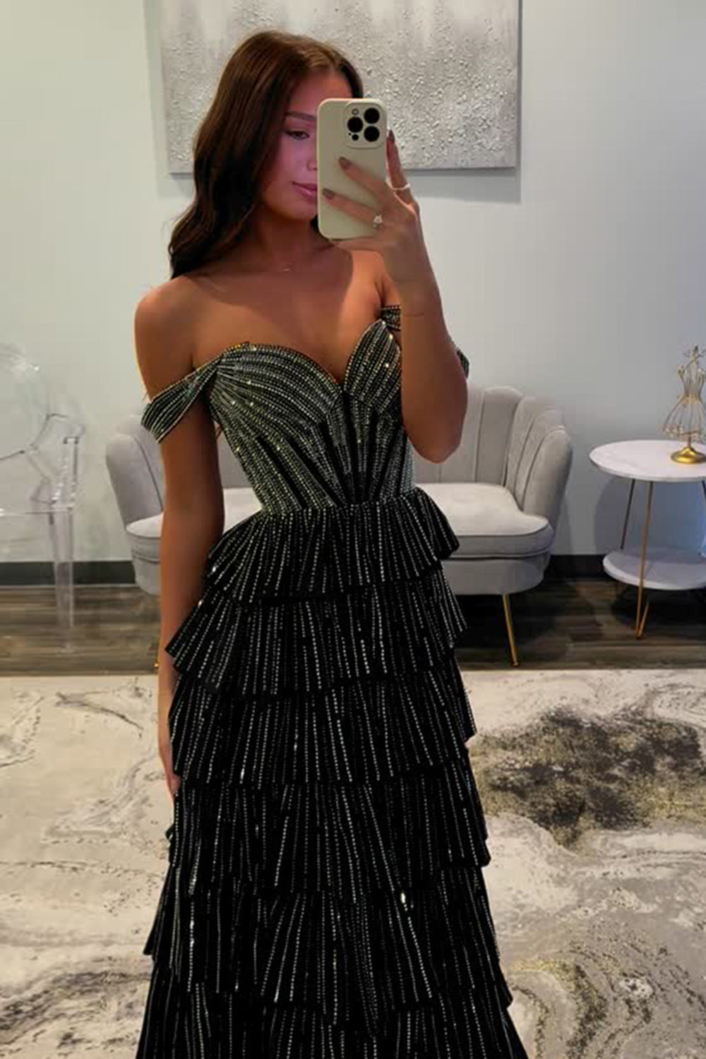 Royal Blue Glitter Off-Shoulder Tiered A-Line Long Corset Prom Dress with Beading