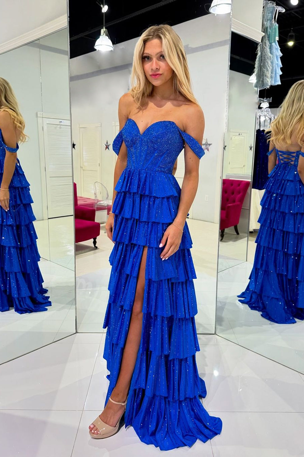 Royal Blue Glitter Off-Shoulder Tiered A-Line Long Corset Prom Dress with Beading