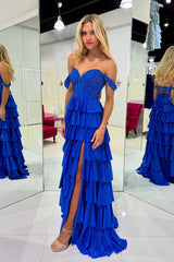 Royal Blue Glitter Off-Shoulder Tiered A-Line Long Corset Prom Dress with Beading