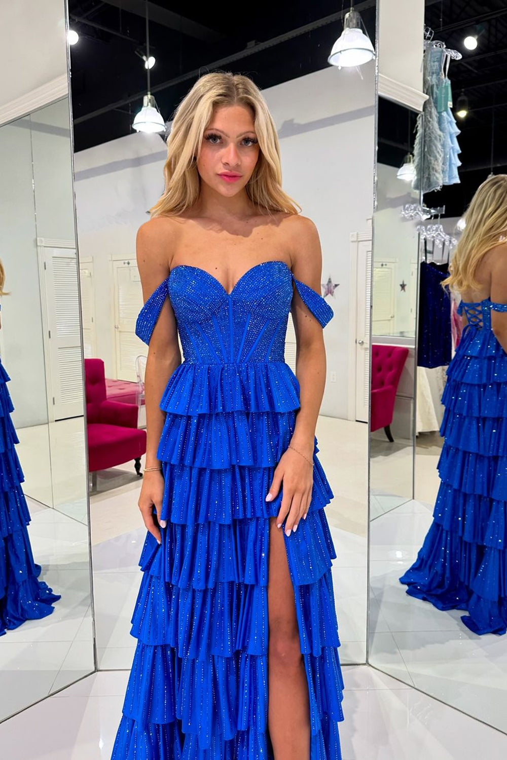 Royal Blue Glitter Off-Shoulder Tiered A-Line Long Corset Prom Dress with Beading