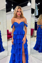 Royal Blue Glitter Off-Shoulder Tiered A-Line Corset Prom Dress with Beading