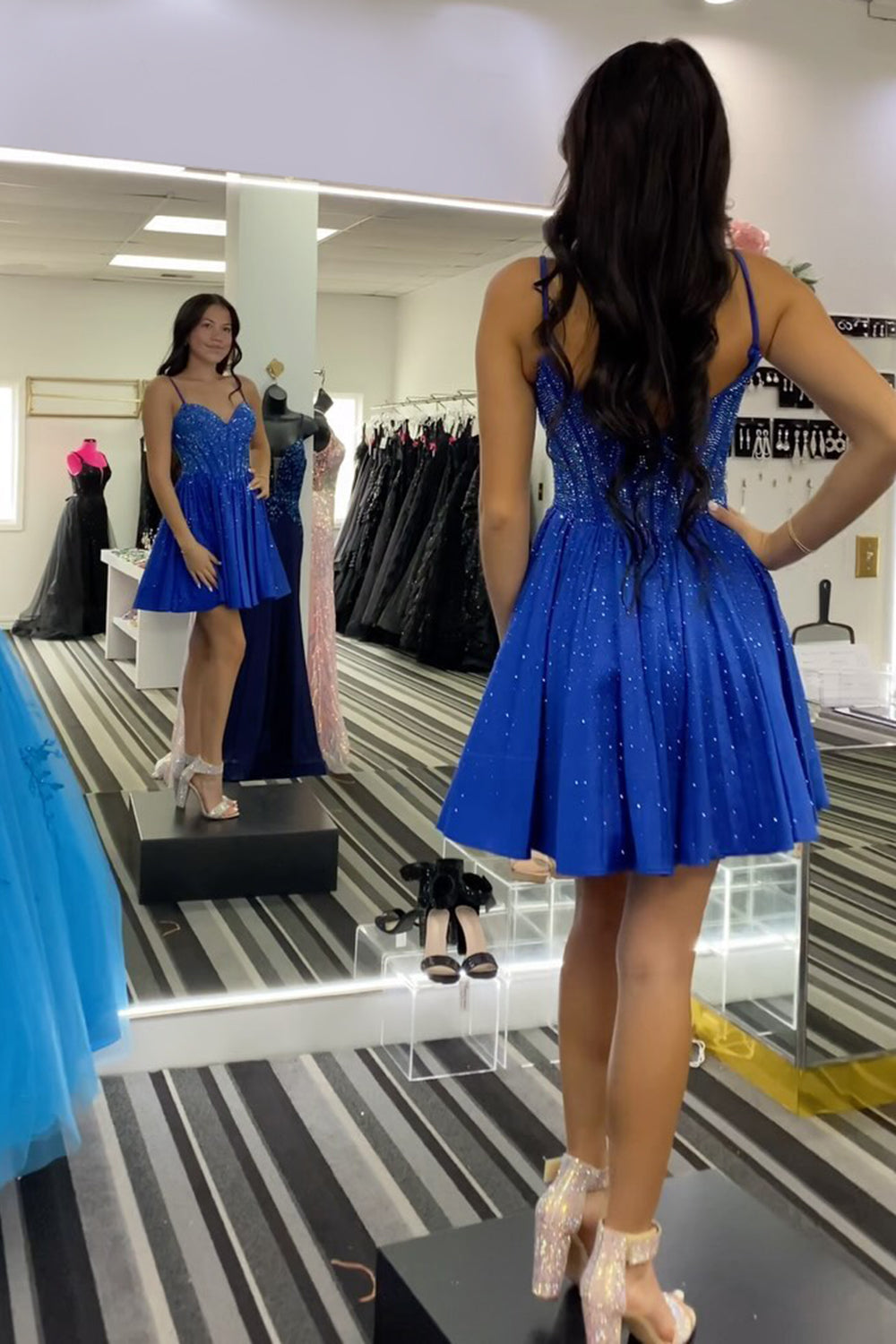 Sparkly Blue Beaded Corset A Line Short Homecoming Dress/Mini Dress