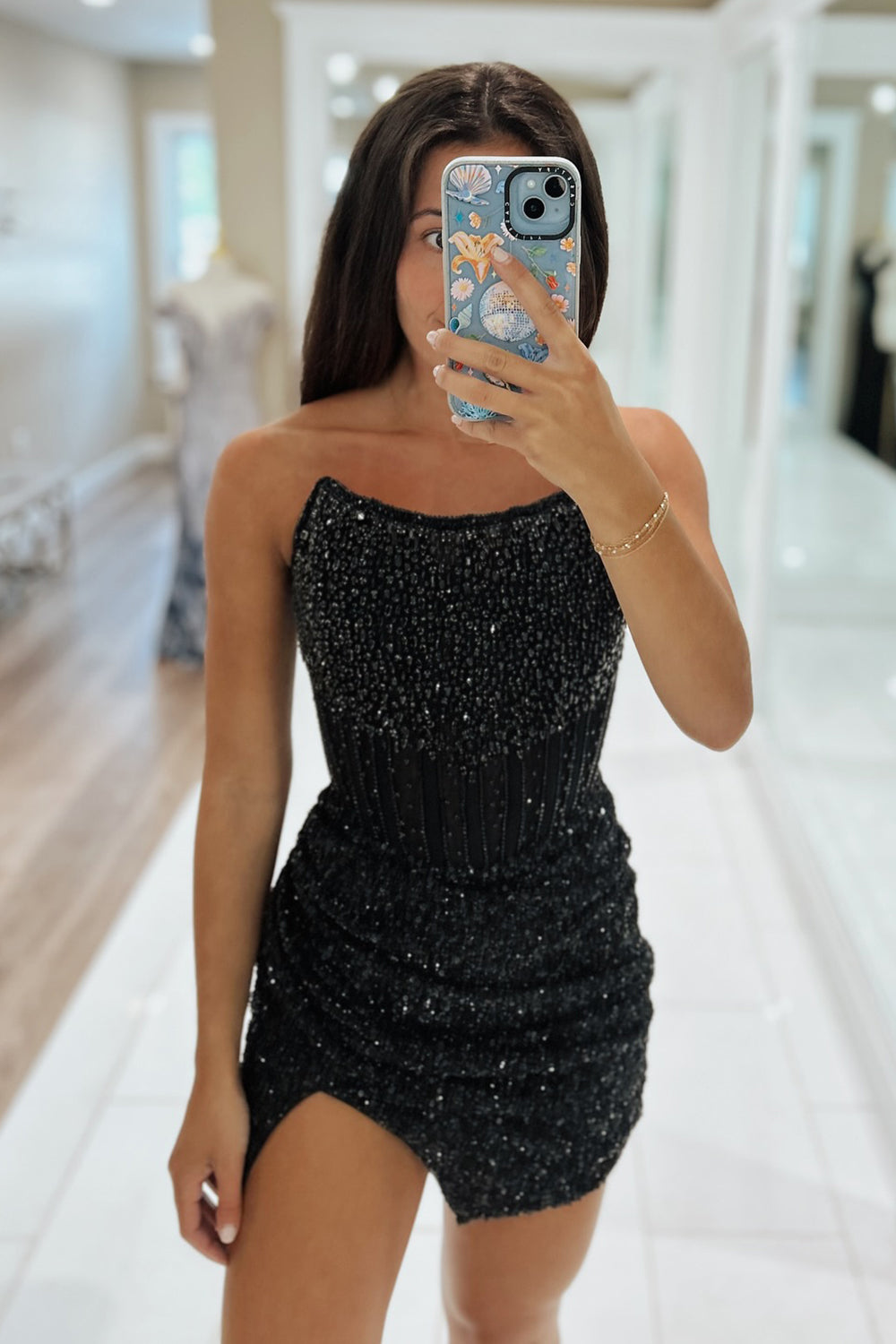 Golden Sparkly Corset Beaded Strapless Tight Short Homecoming Dress/Mini Dress