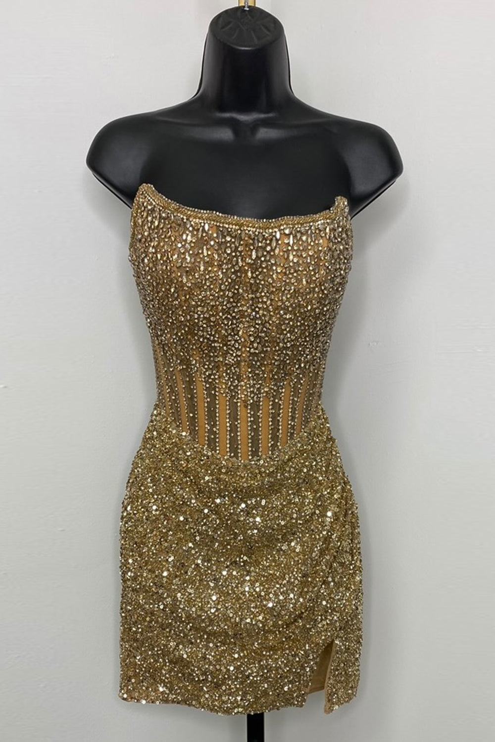 Golden Sparkly Corset Beaded Strapless Tight Short Homecoming Dress/Mini Dress