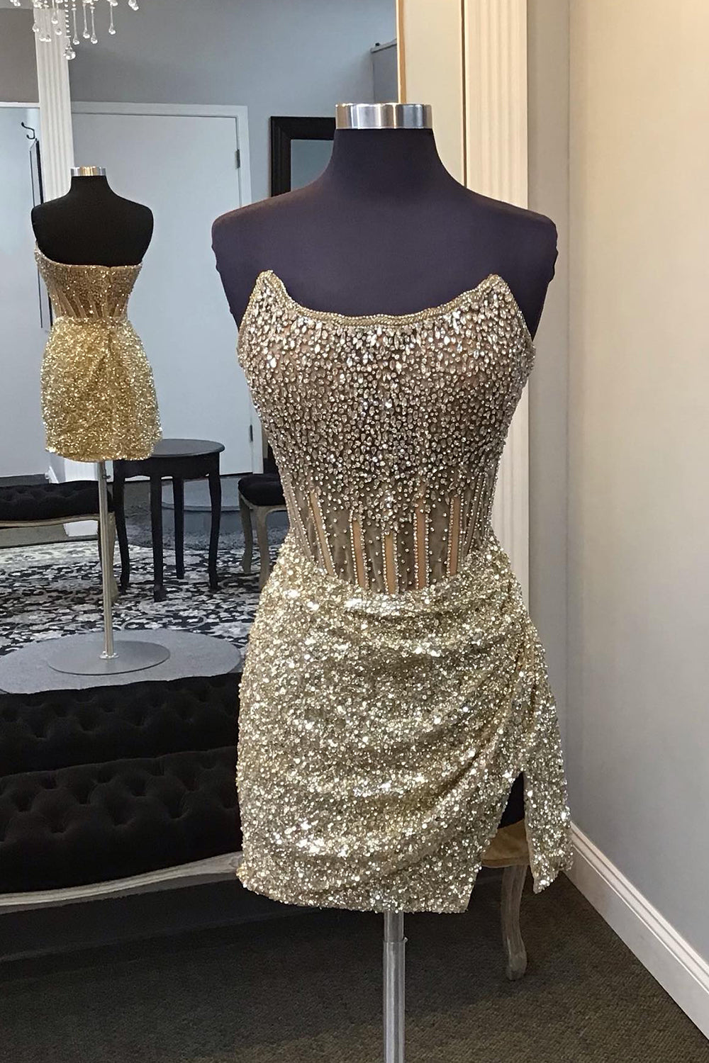 Golden Silver Corset Strapless Tight Short Homecoming Dress/Mini Dress with Beading