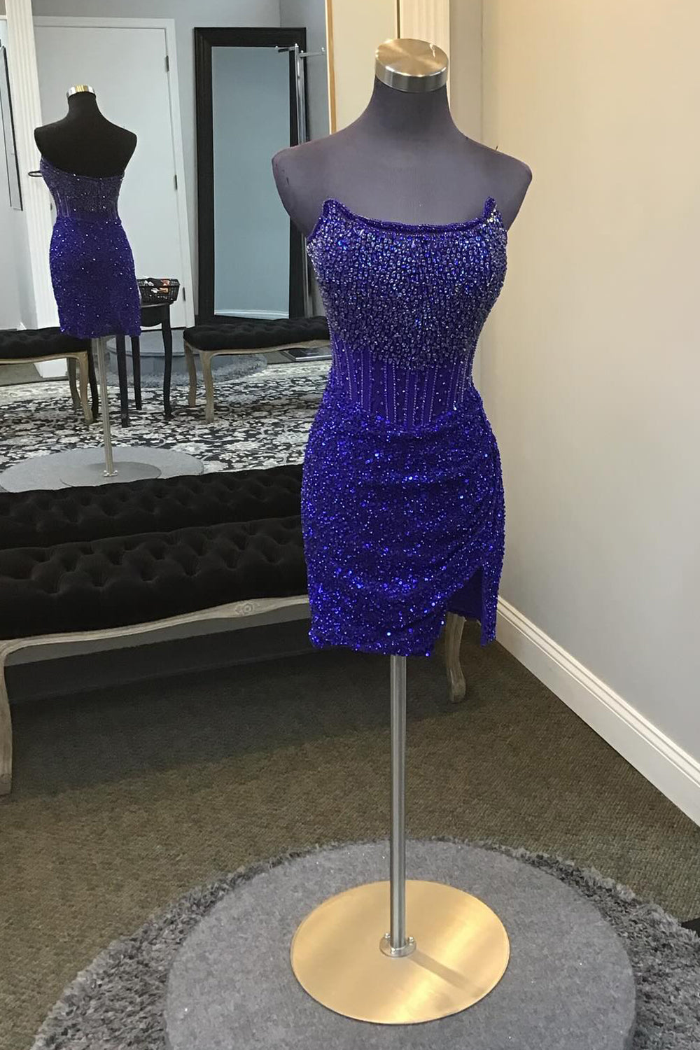 Golden Sparkly Corset Beaded Strapless Tight Short Homecoming Dress/Mini Dress