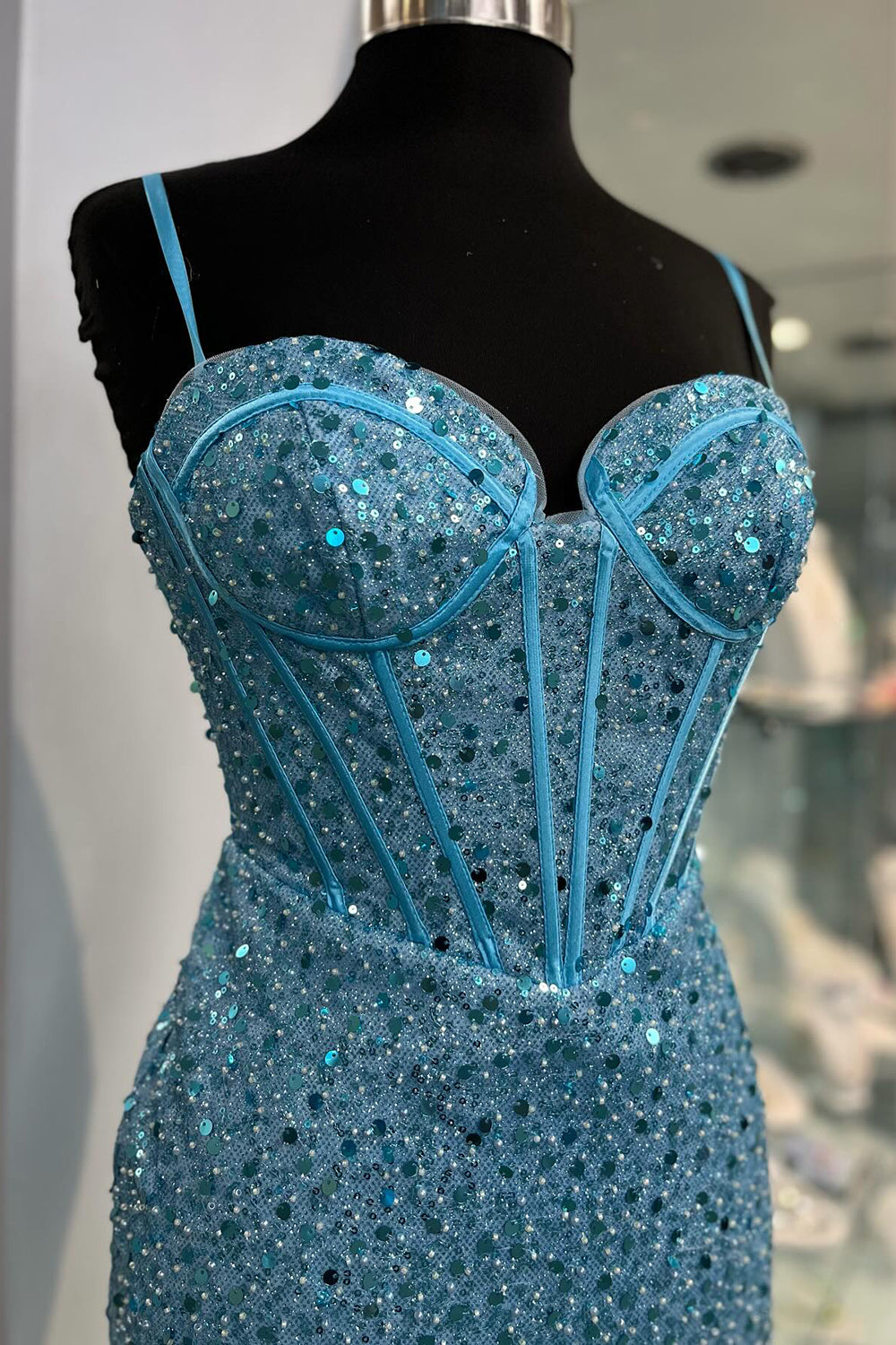 Sparkly Blue Spaghetti Straps Corset Tight Short Homecoming Dress/Mini Dress