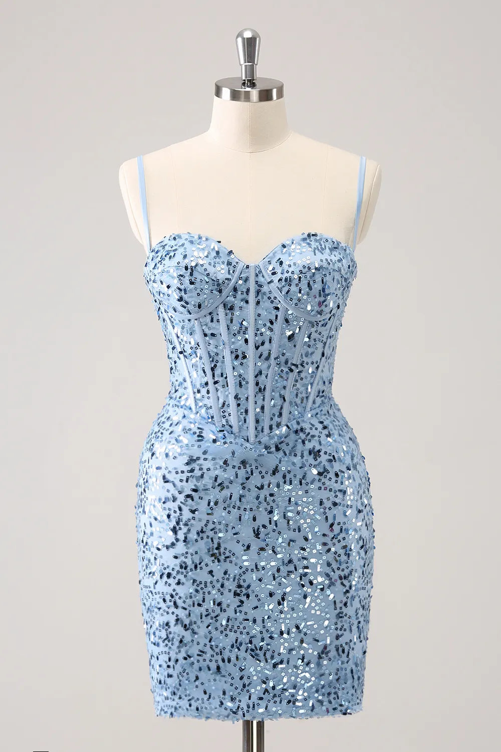 Sparkly Blue Spaghetti Straps Corset Tight Short Homecoming Dress/Mini Dress