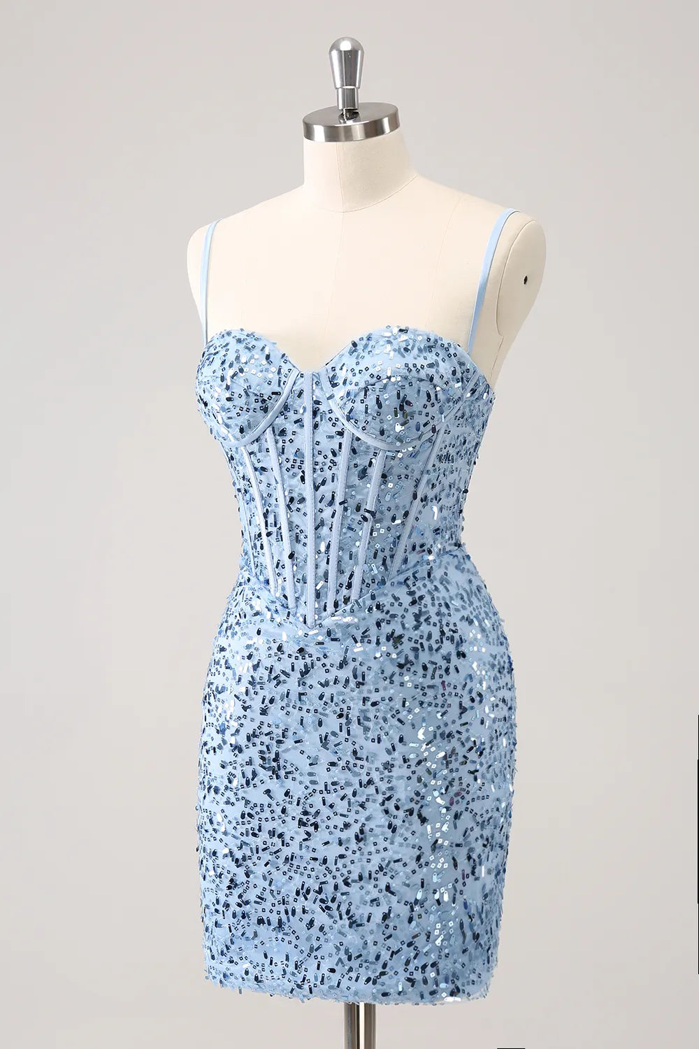 Sparkly Blue Spaghetti Straps Corset Tight Short Homecoming Dress/Mini Dress