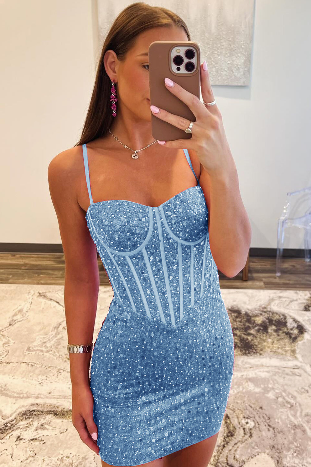 Fuchsia Sparkly Corset Tight Short Homecoming Dress/Mini Dress with Beadings