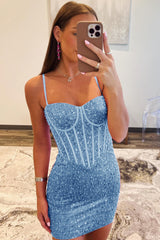 Sparkly Blue Spaghetti Straps Corset Tight Short Homecoming Dress/Mini Dress
