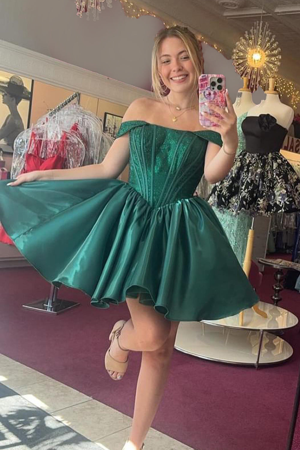 Red Sparkly Off The Shoulder Corset A Line Short Homecoming Dress/Mini Dress