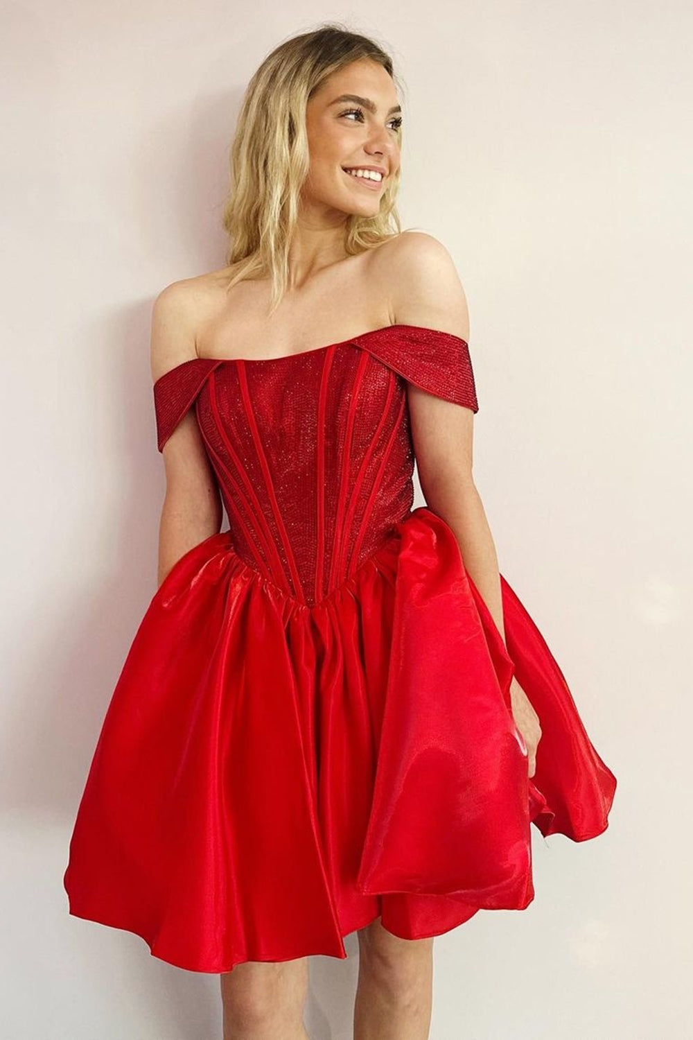 Red Sparkly Off The Shoulder Corset A Line Short Homecoming Dress/Mini Dress