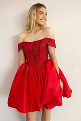 Red Sparkly Off The Shoulder Corset A Line Short Homecoming Dress/Mini Dress