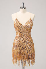 Sparkly Gold Sequined Spaghetti Straps Tight Short Homecoming Dress/Mini Dress With Fringes