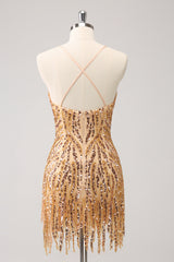 Sparkly Gold Sequined Spaghetti Straps Tight Short Homecoming Dress/Mini Dress With Fringes