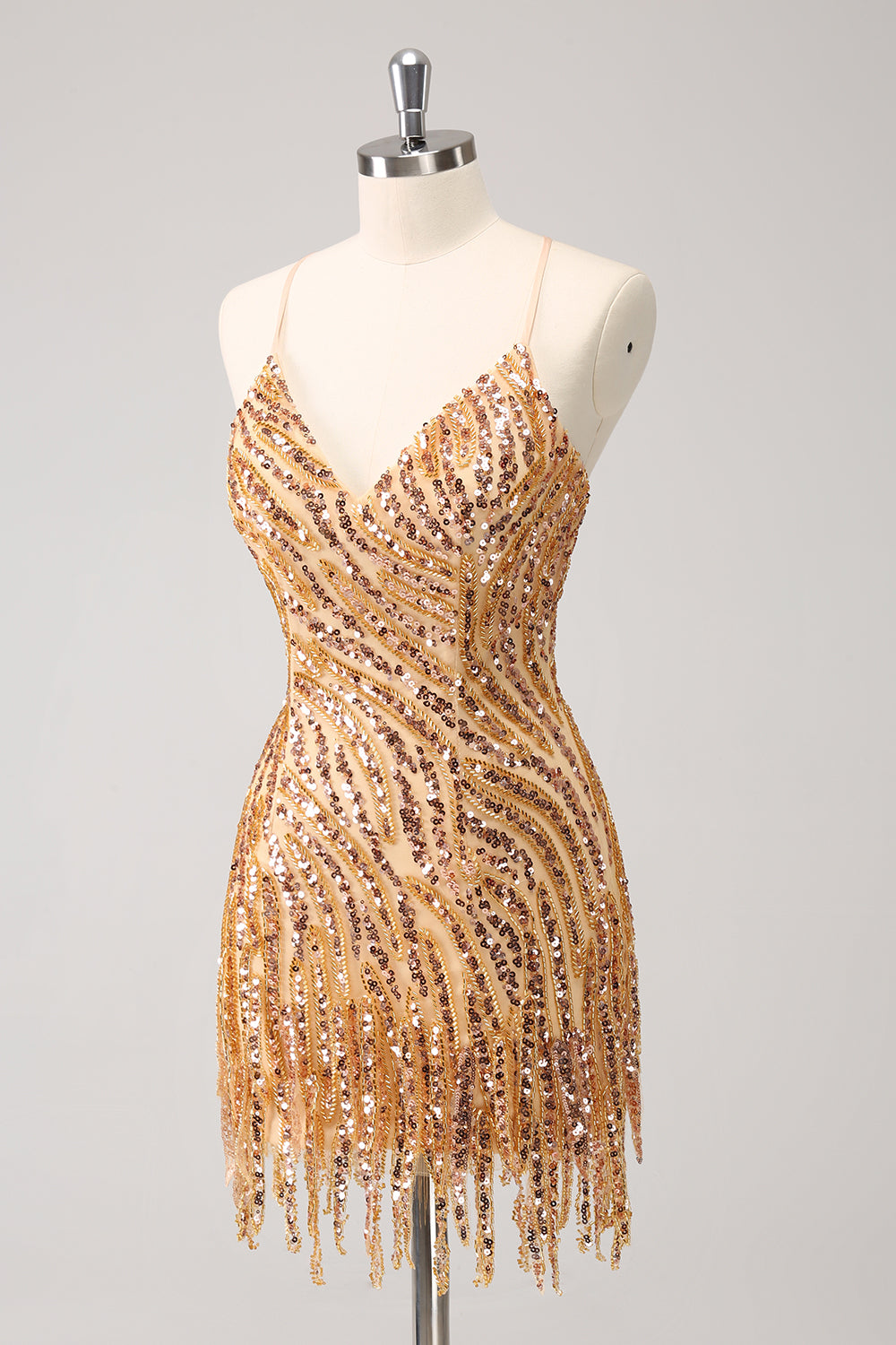 Sparkly Gold Sequined Spaghetti Straps Tight Short Homecoming Dress/Mini Dress With Fringes