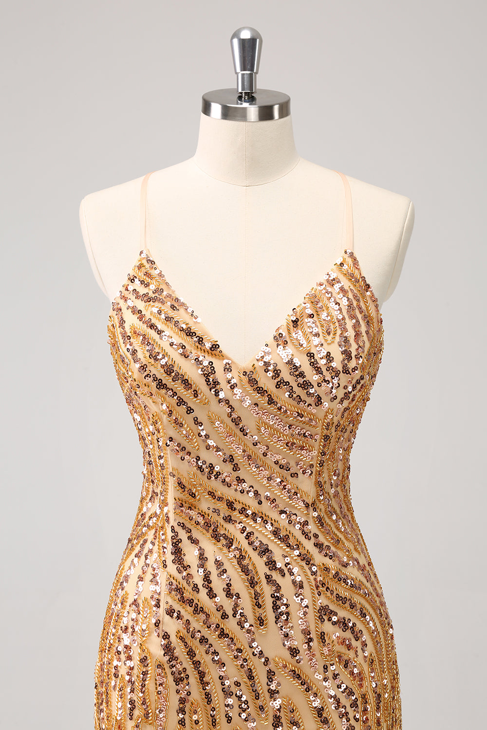 Sparkly Gold Sequined Spaghetti Straps Tight Short Homecoming Dress/Mini Dress With Fringes
