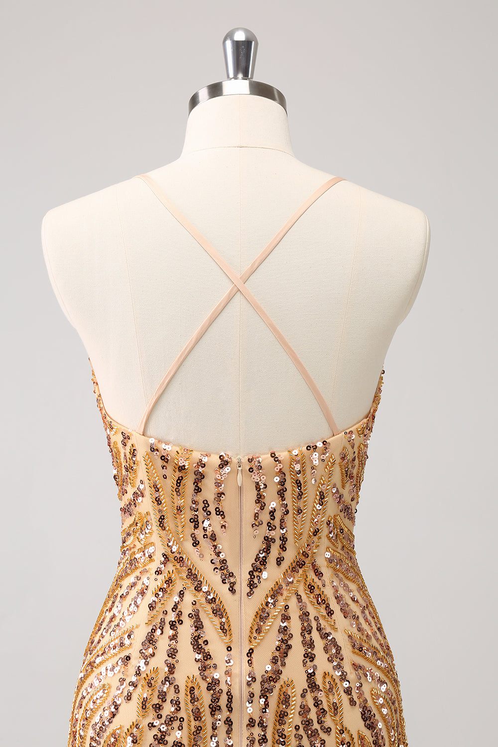 Sparkly Gold Sequined Spaghetti Straps Tight Short Homecoming Dress/Mini Dress With Fringes