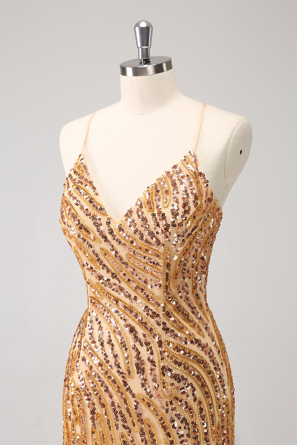 Sparkly Gold Sequined Spaghetti Straps Tight Short Homecoming Dress/Mini Dress With Fringes