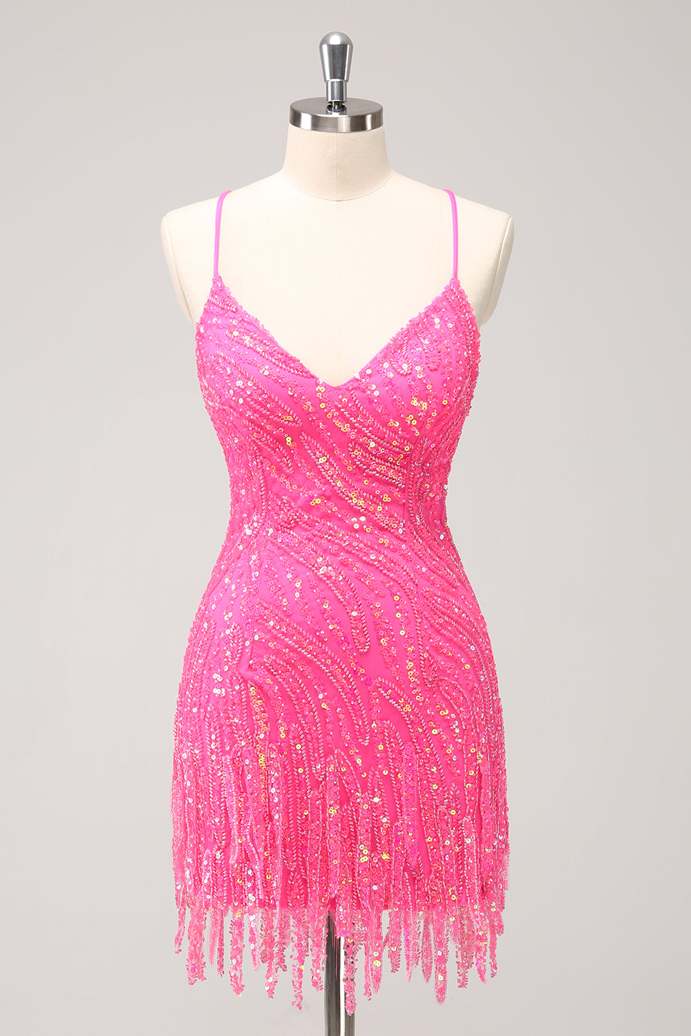 Sparkly Gold Sequined Spaghetti Straps Tight Short Homecoming Dress/Mini Dress With Fringes