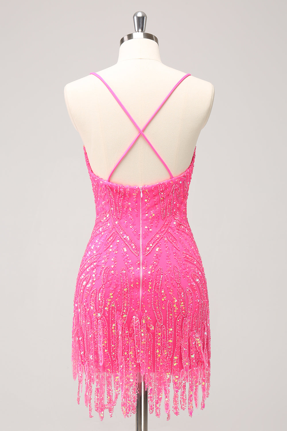Sparkly Gold Sequined Spaghetti Straps Tight Short Homecoming Dress/Mini Dress With Fringes