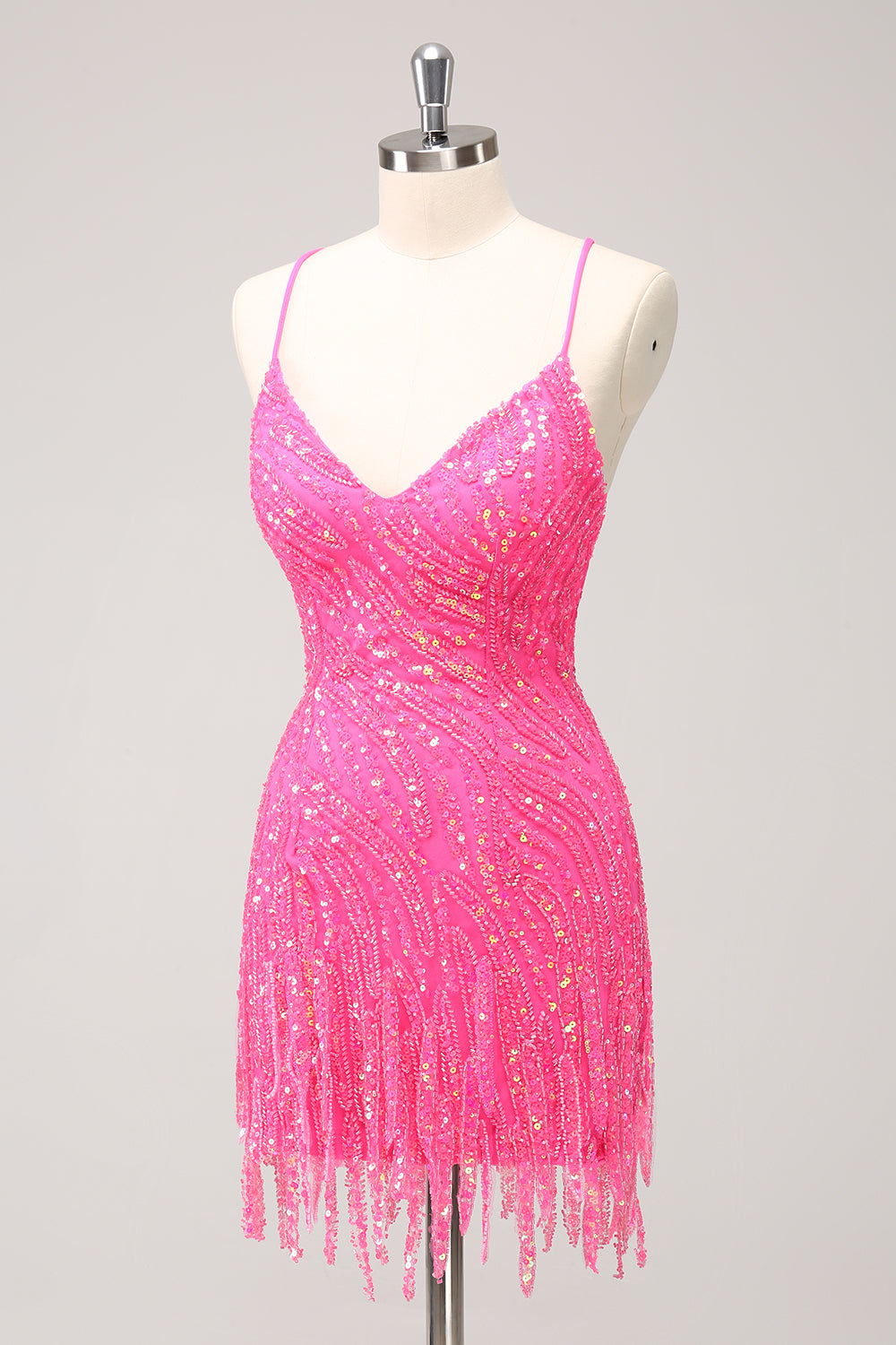 Sparkly Gold Sequined Spaghetti Straps Tight Short Homecoming Dress/Mini Dress With Fringes