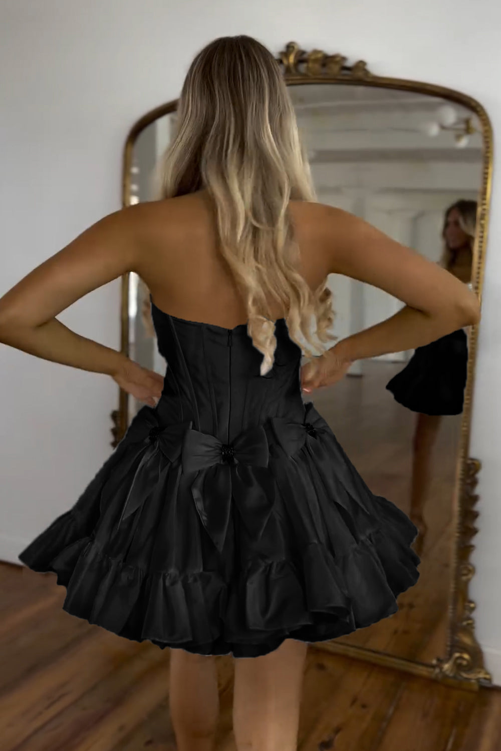 Sparkly Black Strapless Corset Short Homecoming Dress/Mini Dress With Bow