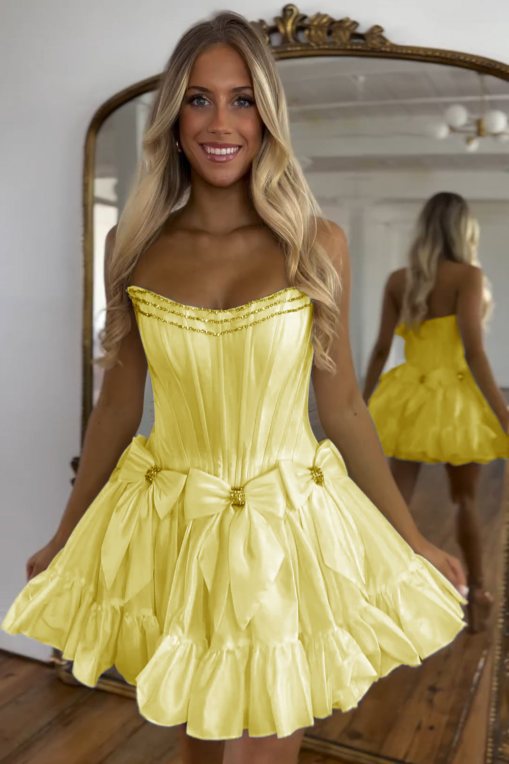 Sparkly Black Strapless Corset Short Homecoming Dress/Mini Dress With Bow