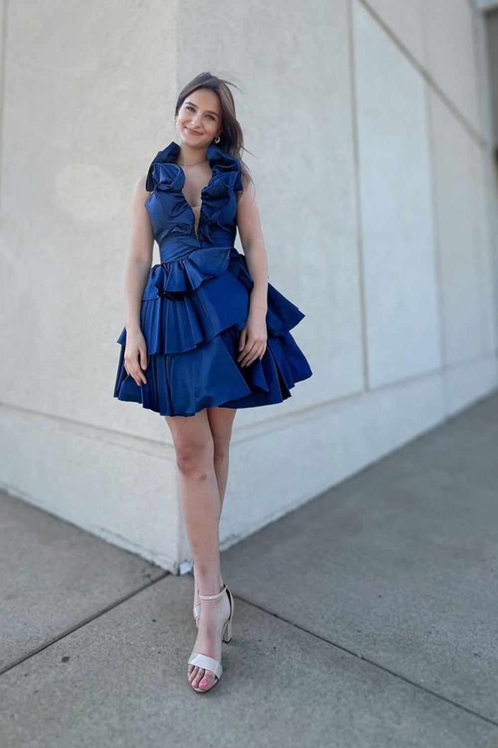 A Line Light Blue Halter Short Homecoming Dress/Mini Dress With Ruffles