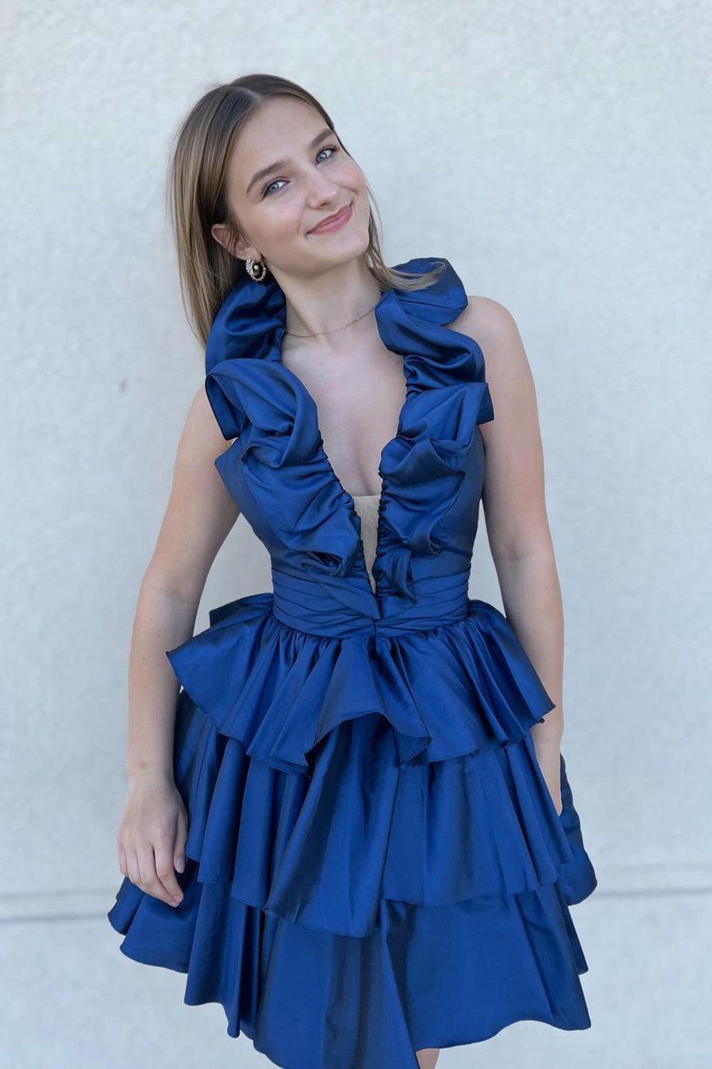A Line Light Blue Halter Short Homecoming Dress/Mini Dress With Ruffles