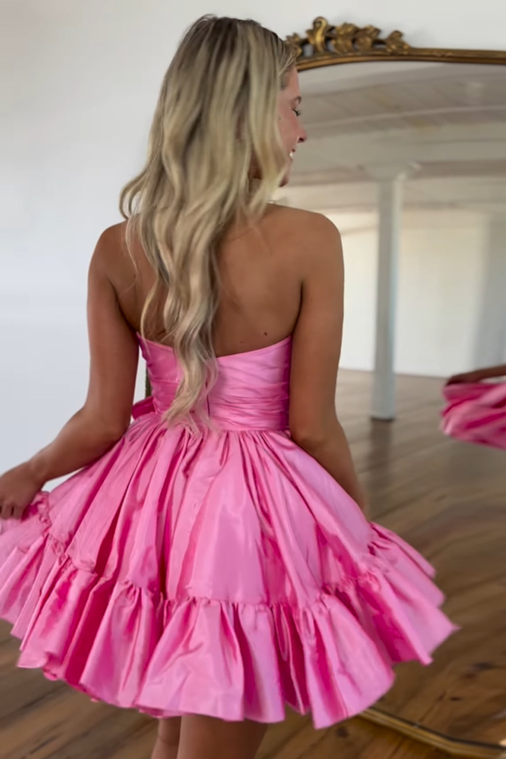 A Line Fuchsia Strapless Tiered Short Homecoming Dress/Mini Dress with Bow