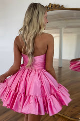A Line Fuchsia Strapless Tiered Short Homecoming Dress/Mini Dress with Bow