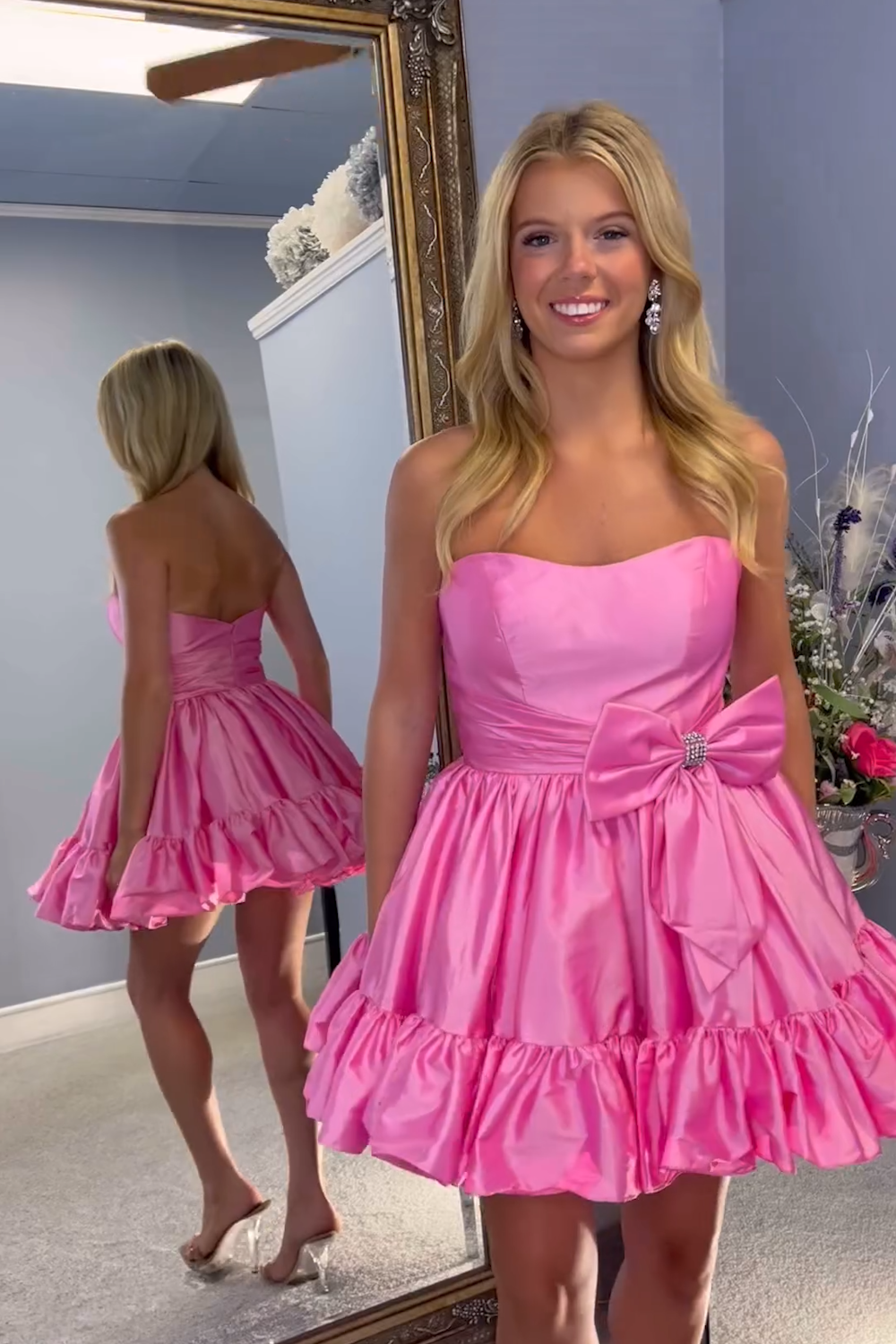 Fluffy Fuchsia Strapless A Line Tiered Short Homecoming Dress/Mini Dress with Bow