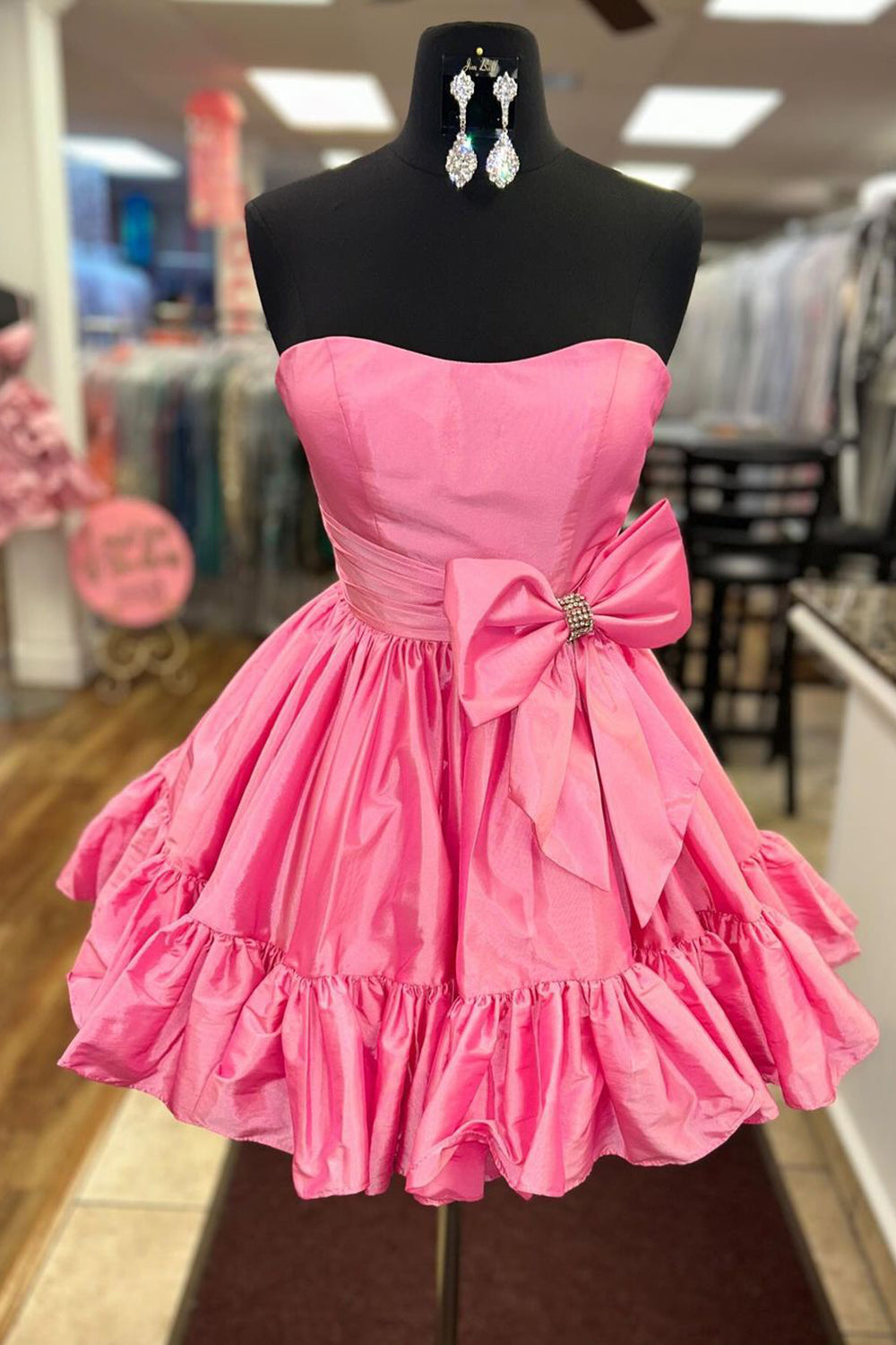 Fluffy Fuchsia Strapless A Line Tiered Short Homecoming Dress/Mini Dress with Bow