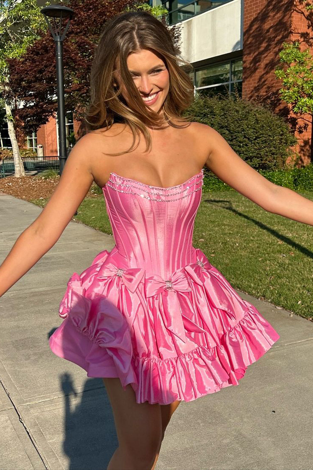 Pink A Line Corset Strapless Short Homecoming Dress/Mini Dress With Bows