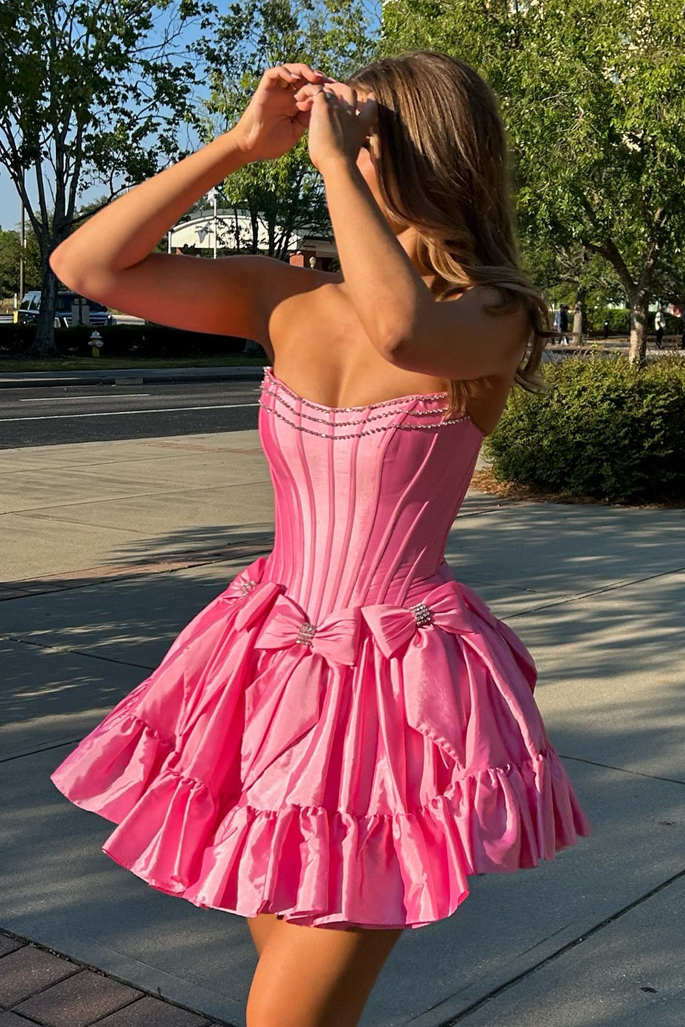Pink A Line Corset Strapless Short Homecoming Dress/Mini Dress With Bows