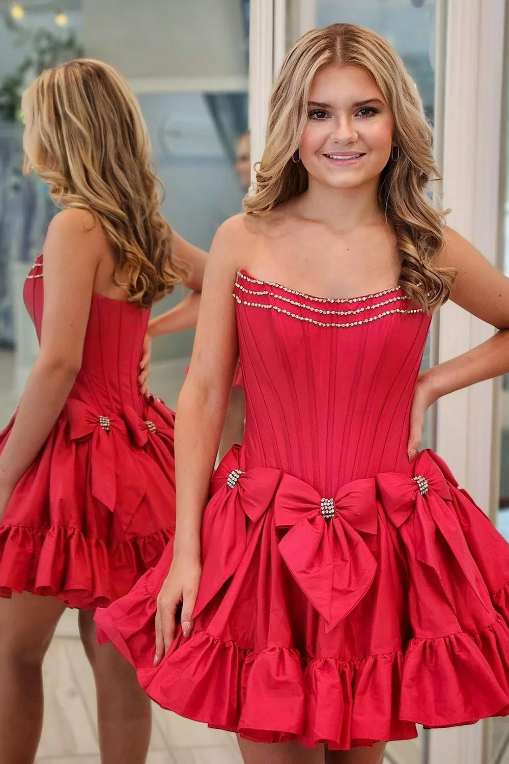 A Line Red Strapless Corset Short Homecoming Dress/Mini Dress With Bows