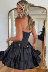 Black Corset Strapless A Line Short Homecoming Dress/Mini Dress With Bows