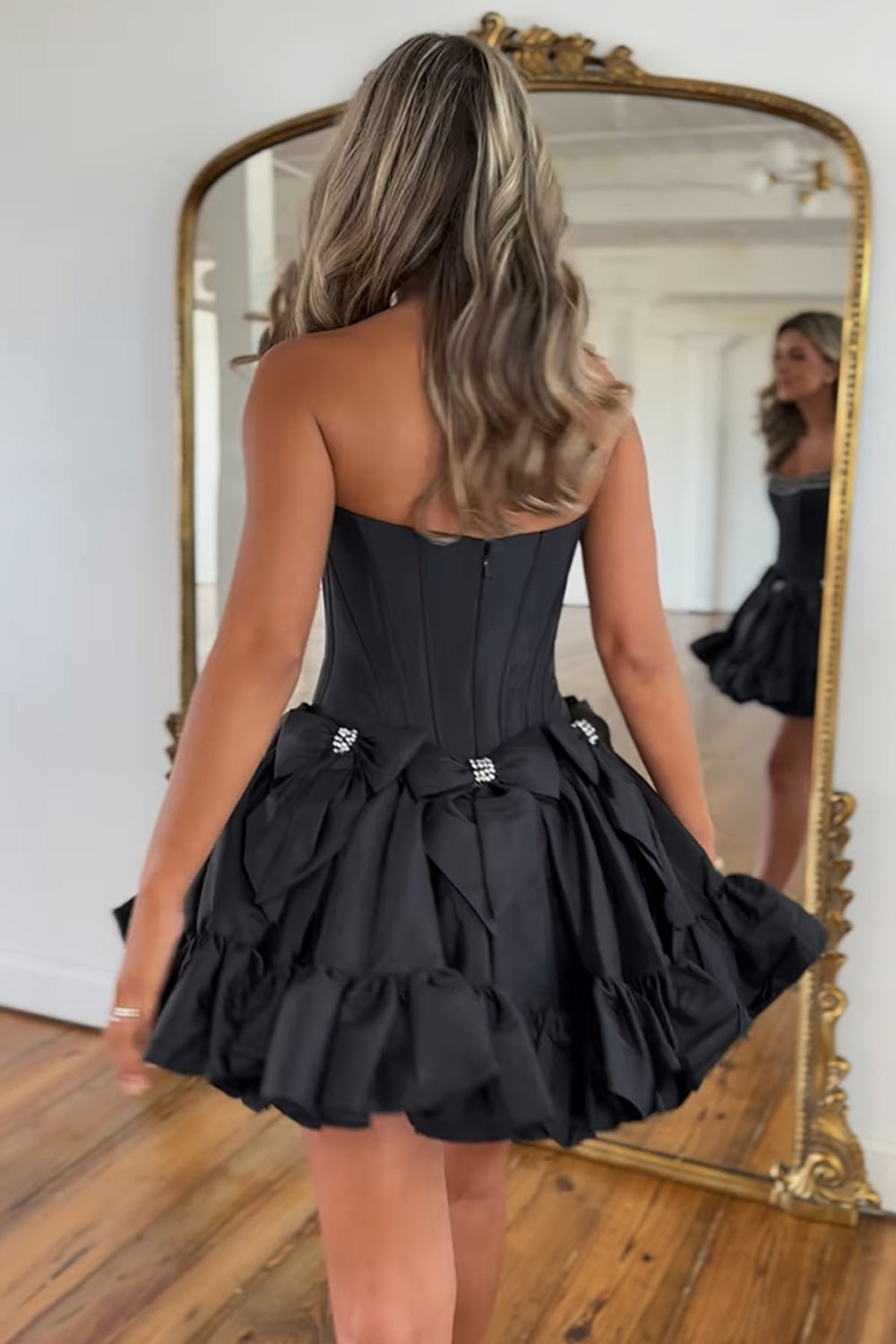 Pink A Line Corset Strapless Short Homecoming Dress/Mini Dress With Bows