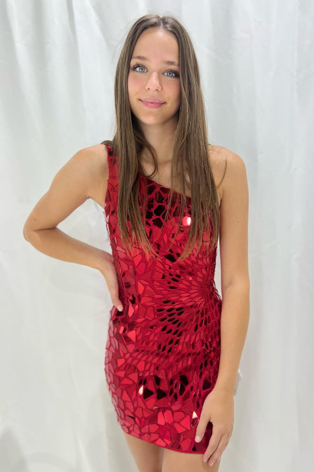 Sparkly Fuchsia Mirror One Shoulder Tight Short Homecoming Dress/Mini Dress
