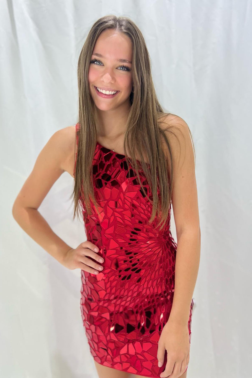 Sparkly Fuchsia Mirror One Shoulder Tight Short Homecoming Dress/Mini Dress