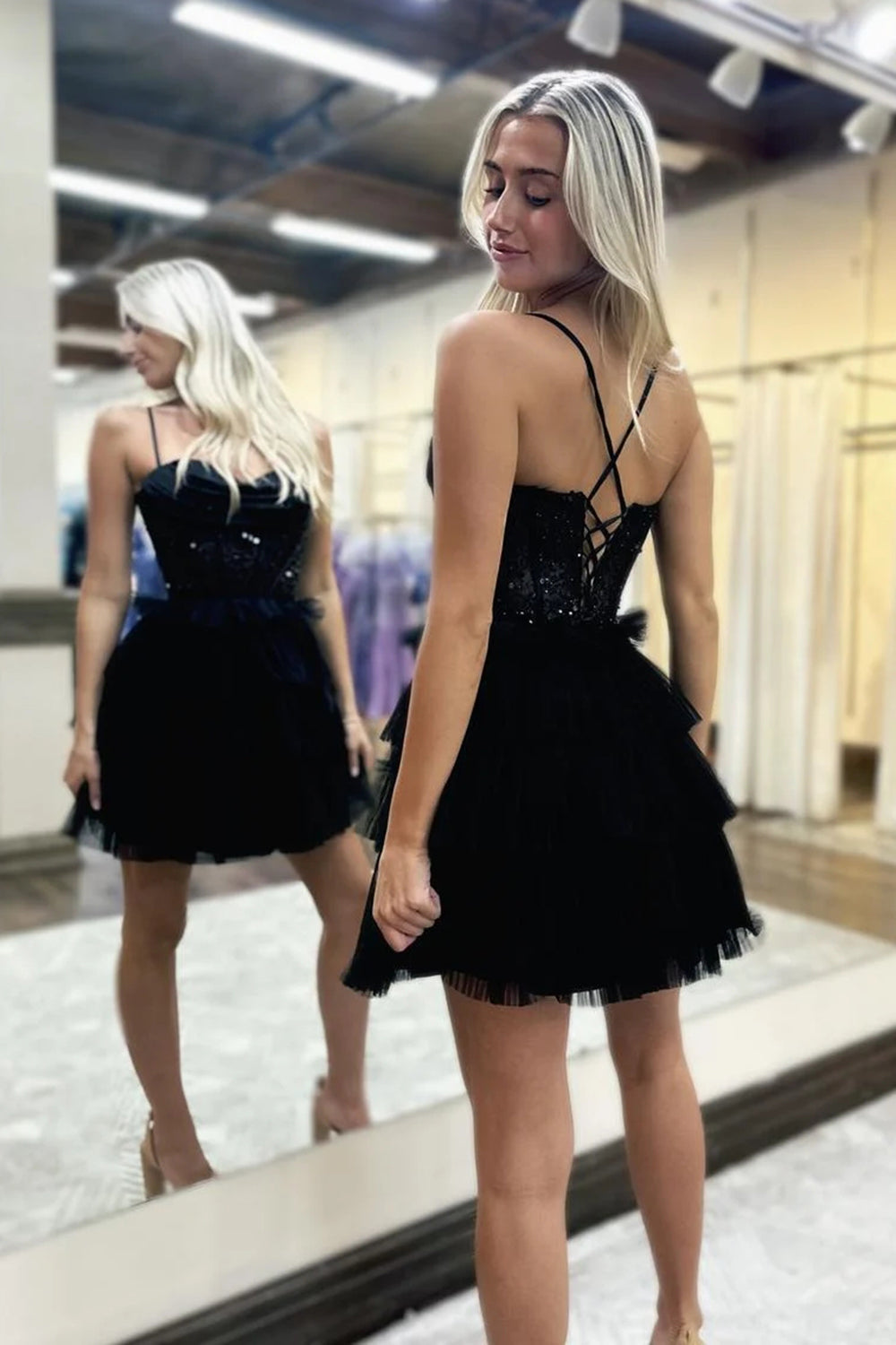Sparkly Black Spaghetti Straps Corset Short Homecoming Dress/Mini Dress
