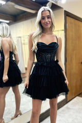 Sparkly Black Spaghetti Straps Corset Short Homecoming Dress/Mini Dress